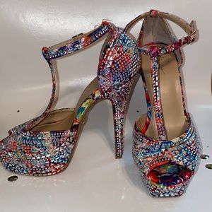 Rainbow embellished T-strap platform heels